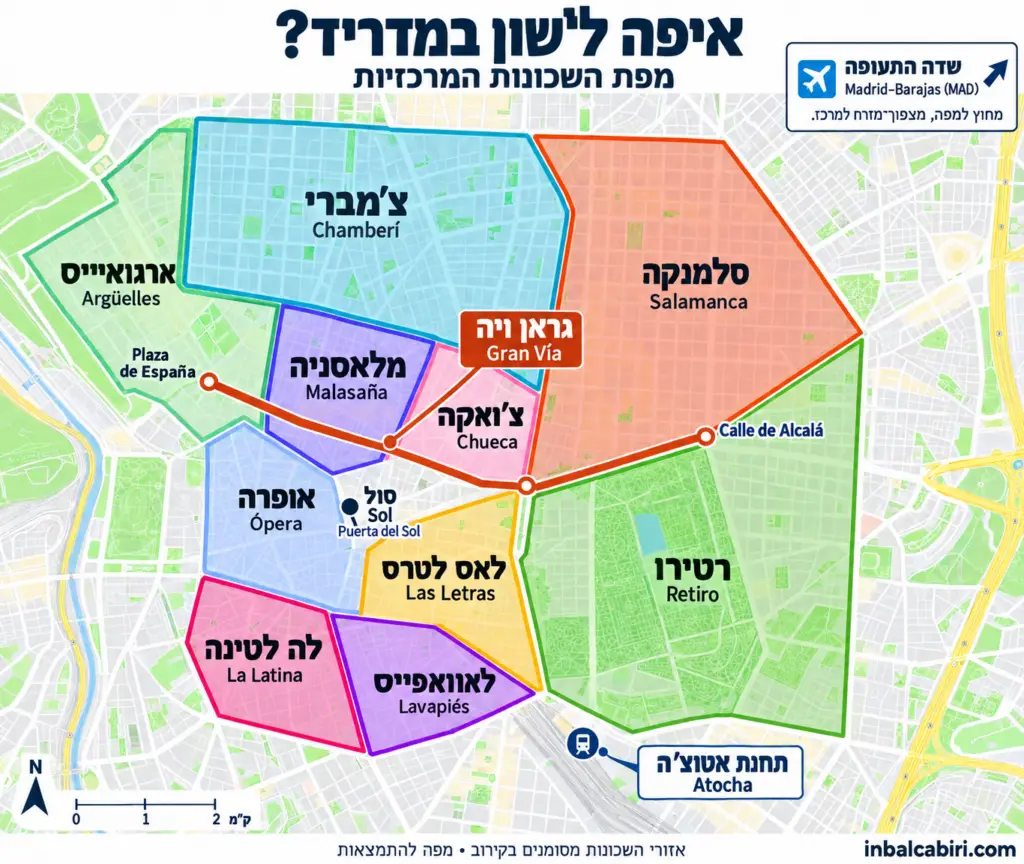 Hebrew labeled Madrid neighborhood travel map 1